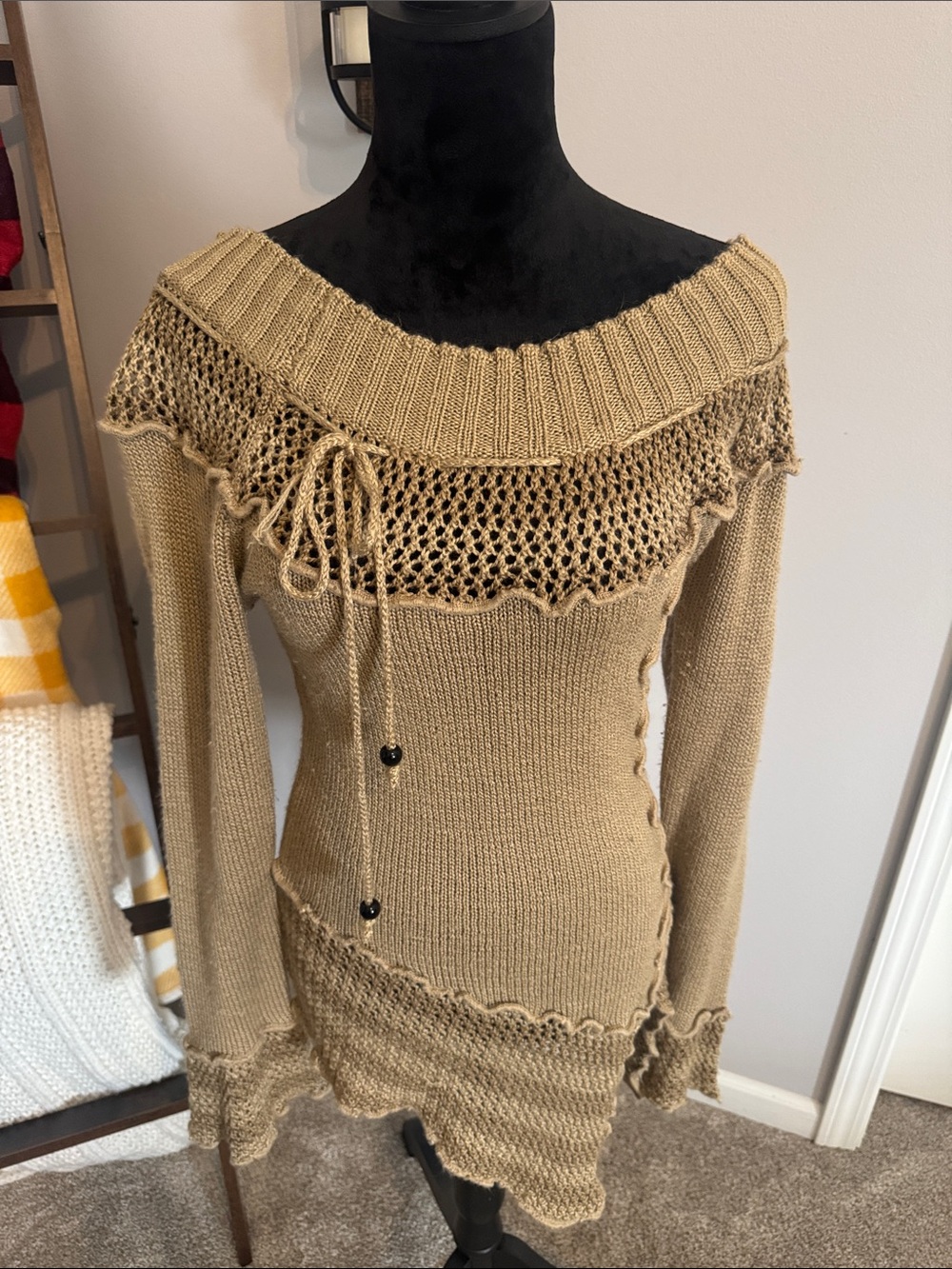 Boston Proper Camel Knit Off-the-Shoulder Lace-Trim Sweater - Picture 8 of 8